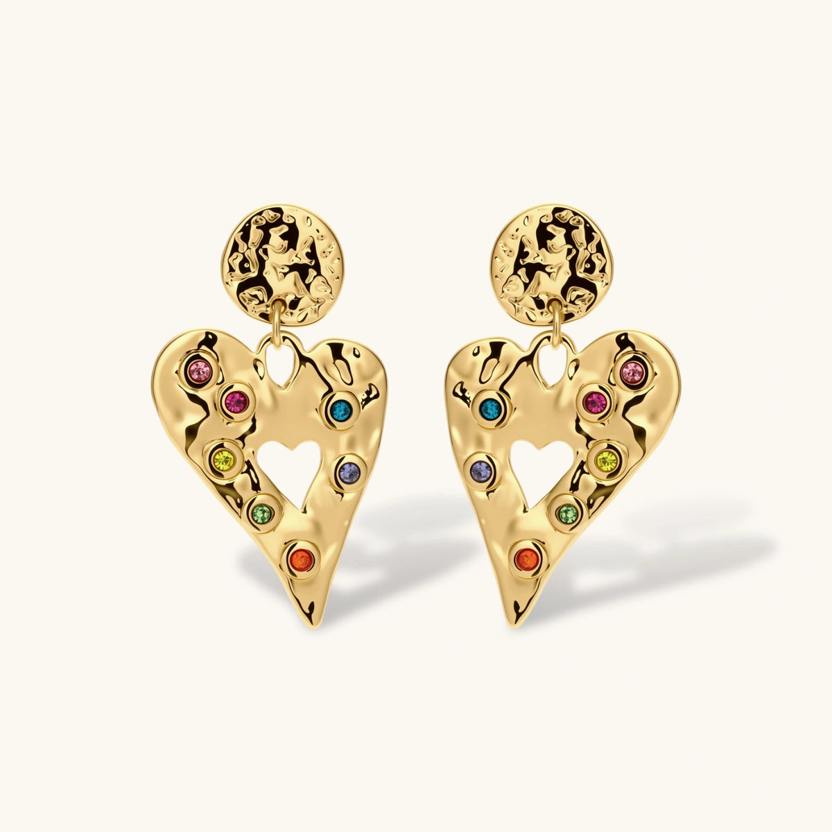 Gold hammered heart drop earrings with rainbow cubic zirconia stones and textured coin stud, 18K gold plated stainless steel.