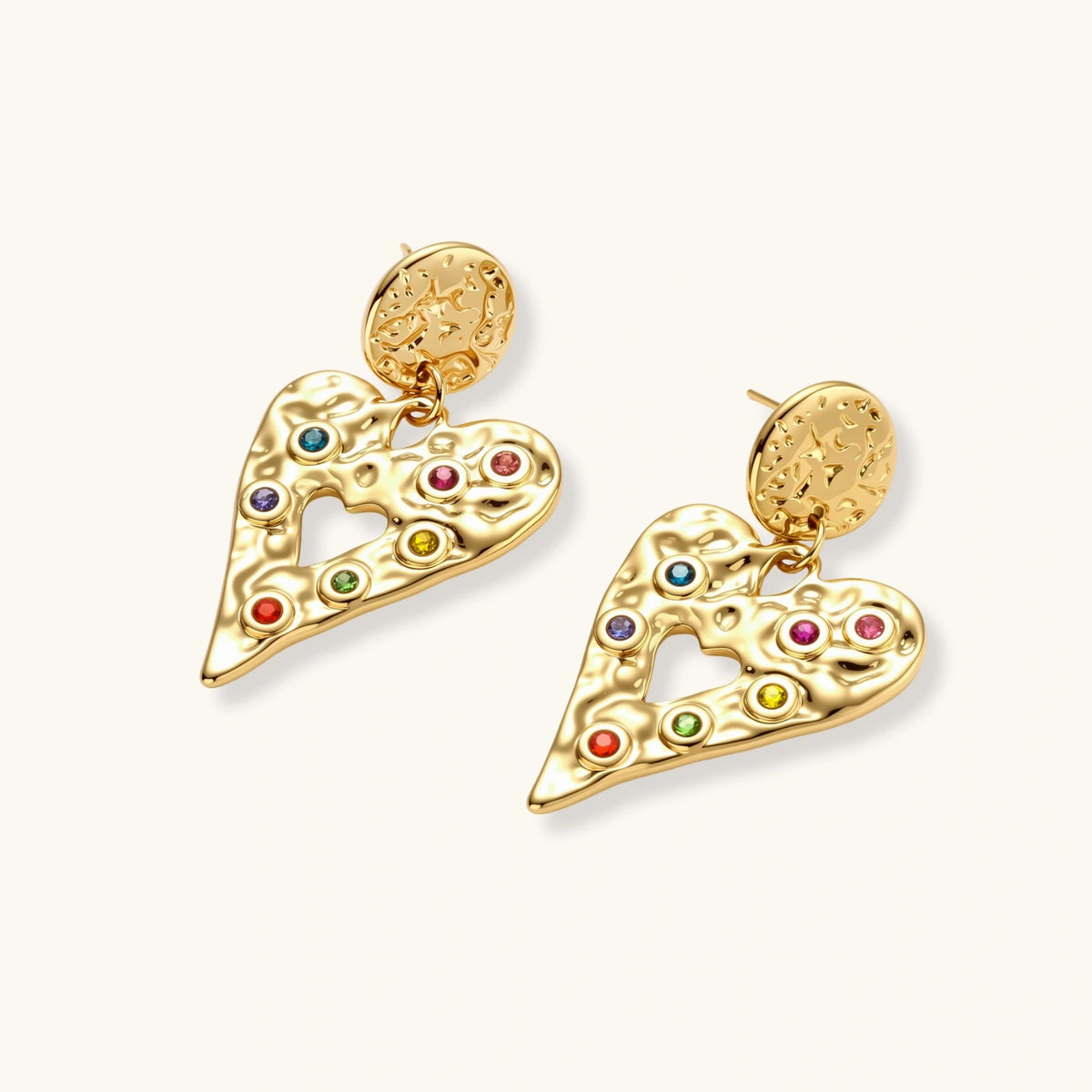 Gold hammered heart drop earrings with rainbow cubic zirconia stones and textured coin stud, 18K gold plated stainless steel.